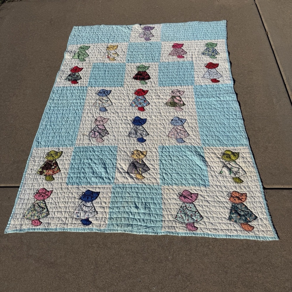 Vintage Sunbonnet Sue Appliqué Quilt 76" x 54" Blue & White Cottagecore Throw